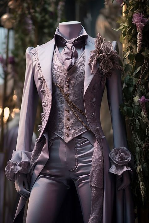 Lavender Mens Outfit, Dnd Formal Wear Male, Fantasy Suits Male, Victorian Male Fashion, Fantasy Fashion Male, Fantasy Suit, Male Fantasy Clothing, Wizard Fashion, Lavender Suit