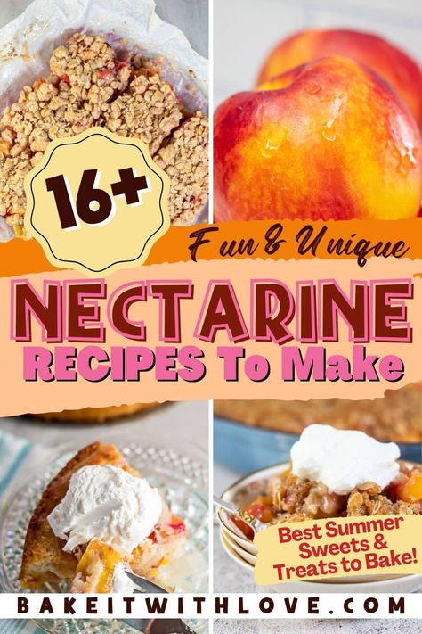 A 4 image collage pin with text title divider featuring fresh fruit, a crisp, cobbler, and dessert bars. Nectarines Recipes Dessert, Dehydrated Nectarines, Recipes With Nectarines, White Nectarine Recipes, Nectarines Recipes, Nectarine Dessert, Fresh Desserts, Vanilla Bean Scones, Recipes To Bake