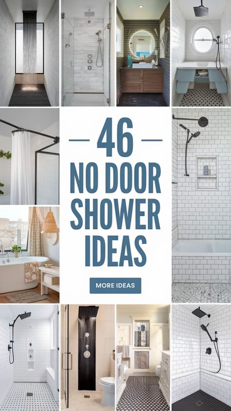 Discover inspiration for a sleek, doorless shower setup with these 46 no door shower ideas. Perfect for modern, minimalist bathrooms or small spaces, these designs feature open showers with unique layouts, rain showerheads, stylish tilework, and more. Create an elegant, spa-like experience in your bathroom with these fresh and functional ideas. #BathroomInspo #NoDoorShower #OpenShower #BathroomDesign #HomeDecor #ShowerIdeas #MinimalistBathroom Zero Entry Shower No Door, Standup Shower Ideas Small Bathroom, Shower Stall Door Ideas, Bathroom No Glass Door, Farmhouse Showers Without Doors, Large Showers Without Doors, Shower By Toilet, Shower Stall No Door, Shower With Half Wall No Door