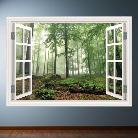 Sizes    The sizes are from each furthest point to point. Sizes include both stickers sent together.    Small 24cm (H) x 35cm (W)    Medium 49cm (H) Window Frame Art, Window Wall Mural, Horse Wall Decals, Forest Wall Decor, Fake Window, Tree Wall Murals, Graphic Wall, Forest Wall, Forest Wall Art