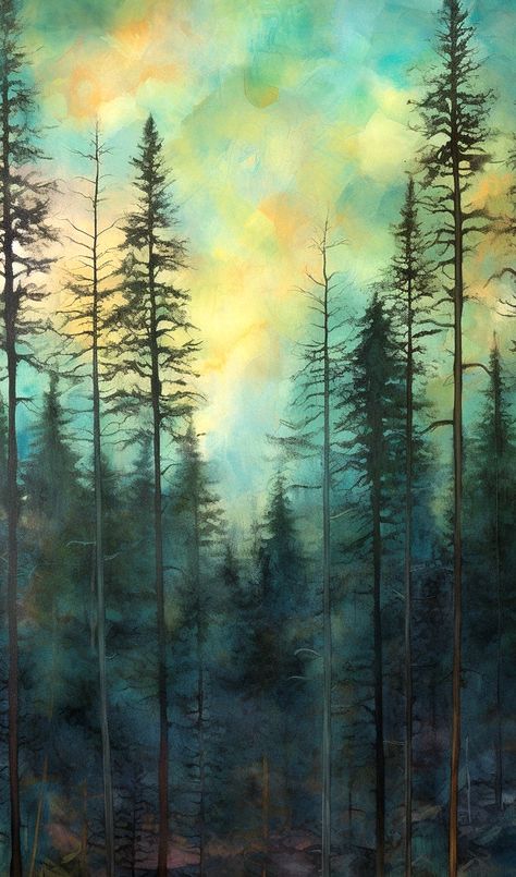 Laminated card with rounded corners. Size: 2.25” x 4.5" Painting of trees in the forest. N223 Tree Painting Techniques, Sequoia Tree Painting, Moody Watercolor Landscape, Woodsy Paintings, Painting Trees On Canvas, Mystical Forest Painting, Tree Art Ideas, Mystic Watercolor, Weird Watercolor