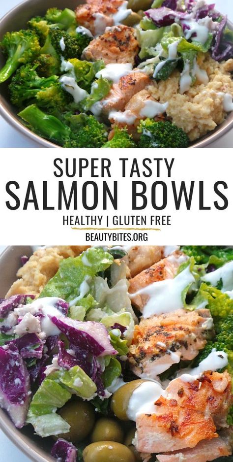 Mediterranean Salmon Bowl - a healthy dinner idea that is easy, full of flavor, super satisfying and ready in less than 30 minutes! This healthy salmon recipe comes with a meal prep option and can easily be made keto and low carb by using low-carb zucchini hummus (recipe provided). | clean eating dinner recipe Zucchini Hummus, Low Carb Salmon, Mediterranean Recipes Healthy, Mediterranean Salmon, Mediterranean Diet Recipes Dinners, Healthy Bowls Recipes, Mediterranean Diet Meal Plan, Easy Mediterranean Diet Recipes, Salmon Bowl