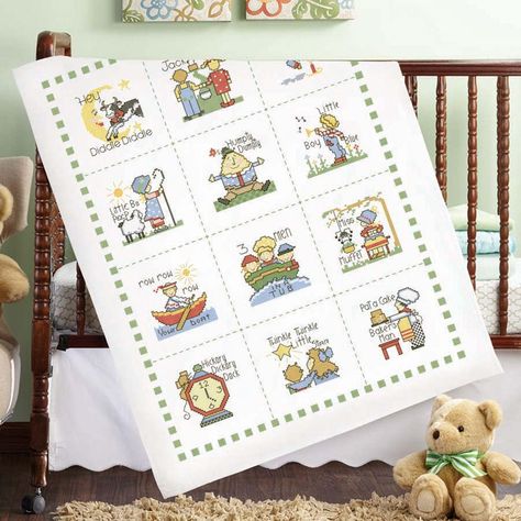 PRICES MAY VARY. Wish baby sweet dreams with storybook friends from classic nursery rhymes Wish baby sweet dreams with storybook friends from classic nursery rhymes. The adorable baby quilt design features 12 blocked sections with a favorite nursery rhyme in each with playful illustrations of the characters and stitched text identifying the characters and story. This baby quilt is stamped for cross-stitch on white polyester/cotton fabric. Kit includes cotton floss, floss organizer, needle, and i Floss Organizer, Hey Diddle Diddle, Classic Nursery Rhymes, Classic Nursery, Stitch Stuff, Vintage Needlework, Fabric Kit, Baby Sewing Projects, Quilt Batting