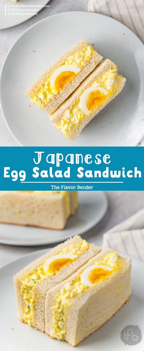 Japanese Egg Salad Sandwich - Soft sandwich bread filled with a creamy egg salad filling, with a jammy soft boiled egg. Simple to make, and delicious! #Breakfast #EggSaladSandwich #TheFlavorBender #JapaneseEggSandwich Japanese Egg Salad Recipe, Japanese Egg Sandwich Recipe, Japanese Egg Salad Sandwich, Japanese Egg Salad, Salad Filling, Soft Sandwich Bread, Salad Japanese, Creamy Egg Salad, Egg Salad Sandwich Recipe