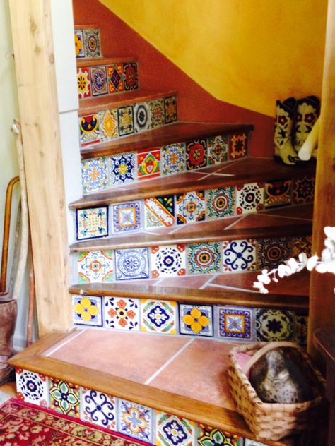 Mosaic Tiles Stairs, Mexican Tile Aesthetic, Stairs With Tile, Mosaic Stairs, Content House, California Craftsman, Future Bedroom Ideas, Eclectic Tile, Tile Stairs