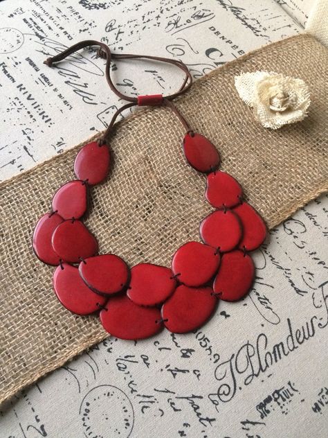 Red Tagua necklace Big bold chunky necklace statement | Etsy Eco Friendly Necklace, Tagua Necklace, Fall Necklace, Trending Christmas Gifts, Unusual Necklace, Tagua Jewelry, Autumn Necklace, Tagua Nuts, Christmas Gifts For Wife