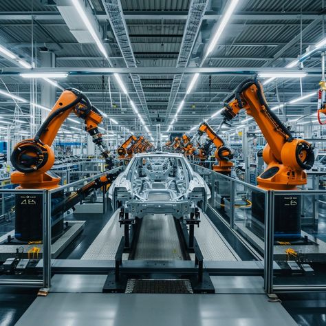 Robotic Assembly Line: Advanced robots meticulously work on assembling a car chassis on a modern automotive production line. #robotics #automation #industry #manufacturing #assembly #technology #machinery #precision #aiart #aiphoto #stockcake https://ayr.app/l/Fvyo Futuristic Factory, Factory Photography, Car Manufacturing, Learn Robotics, Car Factory, Robotic Automation, Creative Technology, Factory Architecture, Modern Factory