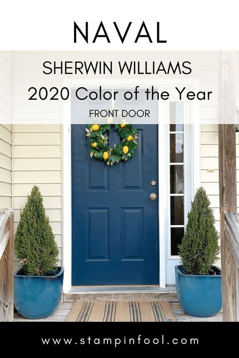 Sherwin Williams Naval Front Door Navy Front Door Colors, Naval Sherwin Williams, Sherwin Williams Naval, Navy Front Door, Exterior Front Door Colors, Exterior Door Colors, Front Door Interior, Traditional Front Doors, Front Door Paint Colors