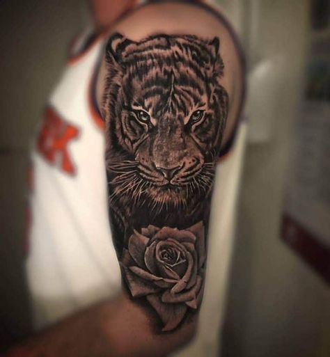 Tiger With Lotus Flower Tattoo, Tiger And Roses Tattoo, Tiger And Rose Tattoo, Tiger Rose Tattoo, Tiger Tattoo Meaning, Rose Tattoo Ideas, Twin Tattoos, Surreal Tattoo, C Tattoo