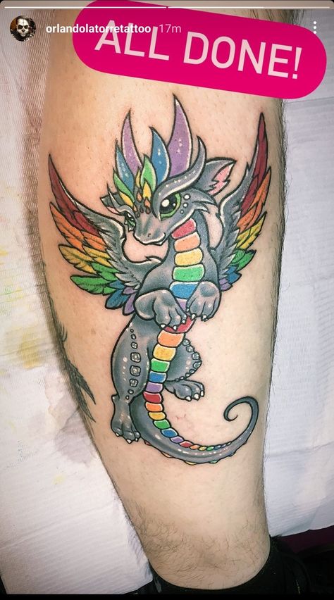 Dragon Rainbow Pride Rainbow Wings Tattoo, Butterfly Dragon Tattoo, Rainbow Dragon Tattoo, New School Dragon Tattoo, Rainbow Tattoos Pride, Bright Colorful Tattoos, Toe Tattoos, Care Bear Tattoos, Horse Shoe Tattoo