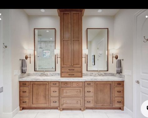 Updated Jack And Jill Bathroom, Double Vanity Linen Tower, Bathroom Vanity Middle Tower, Double Bathroom Vanity With Storage Tower, Primary Bathroom Cabinet Ideas, Split Vanity With Linen Cabinet, Double Vanity With Linen Cabinet In Middle, Bathroom Vanity Towel Storage, Bathroom Vanity With Tall Cabinet In Middle