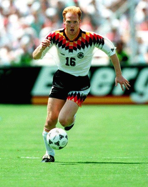 Matthias Sammer of Germany in action at the 1994 World Cup Finals. Matthias Sammer, Usa World Cup, Germany Football, Football Legends, World Cup Final, International Football, All Team, Football Kits, Soccer Jerseys