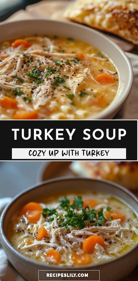 I love making this cozy turkey soup on chilly days! Packed with tender turkey, fresh veggies, and a rich broth, it’s the perfect way to warm up. Serve it with crusty bread for a fulfilling meal that the whole family will enjoy! Leftover Turkey Stew Crockpot, Turkey Soup Recipes Healthy, Turkey Soup From Carcass Recipes Instant Pot, Turkey Soup In Crockpot, Turkey Potato Soup Recipes, Turkey Soup With Potatoes, How To Make Turkey Soup, Home Made Turkey Soup Recipes, Homemade Turkey Soup Recipes