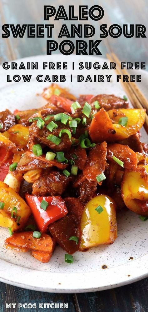 Low Carb Paleo Sweet and Sour Pork - A gluten-free, starch-free and sugar-free sweet and sour sauce coating some delicious fried pork roast pieces and peppers. This delicious, healthy weeknight meal comes together in just 20 minutes! #keto #paleo #lowcarb #lchf #chinese Gluten Free Sweet And Sour Pork, Keto Asian Pork Recipes, Low Carb Pork Roast Recipes, Low Carb Pork Belly Recipes, Sugar Free Dinner Ideas, Keto Pork Recipes Low Carb, Low Cal Pork Recipes, Healthy Sweet And Sour Pork, Keto Sweet And Sour Pork