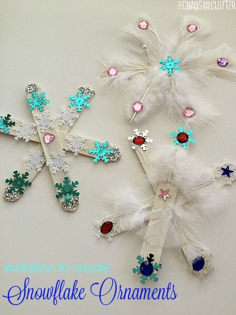 Invitation to create snowflake ornaments. An easy Christmas craft for kids. Invitation To Create, Simple Snowflake, Snowflake Craft, Christmas Crafts For Kids To Make, Winter Crafts For Kids, Navidad Diy, Preschool Christmas, Christmas Kids, Easy Christmas Crafts