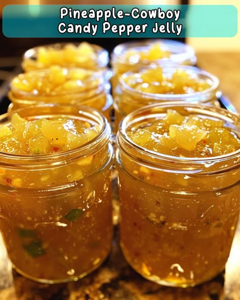 Pineapple Pepper Jelly Recipe, Cowboy Candy Recipe, Pepper Jelly Recipe, Recipe With Pineapple, Cowboy Candy, Pepper Jelly Recipes, Zucchini Fritters Recipe, Jelly Recipe, Homemade Jelly