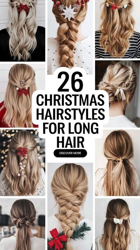 Holiday Hairstyles For Long Hair, Christmas Hairstyles For Long Hair, Holiday Party Hairstyles, Christmas Hair Ideas, Make Ahead Christmas Appetizers, Christmas Hairstyle, Easy Party Hairstyles, Holiday Party Hair, Christmas Party Hairstyles