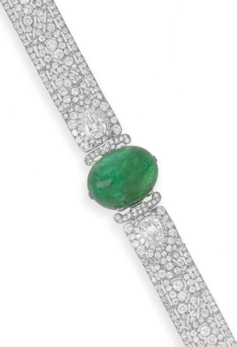 CARTIER | AN ART DECO EMERALD AND DIAMOND BRACELET, CIRCA 1925. Centring upon an oval-shaped cabochon emerald, flanked on either side by a single-cut diamond scrolled link, extending a bezel-set pear-shaped diamond within a French-cut diamond surround, to the pierced old European and single-cut diamond band, mounted in platinum, with French assay mark, signed Cartier. Bracelet Emerald, Art Deco Emerald, Cartier Bracelet, French Cut, Pear Shaped Diamond, Diamond Band, Vintage Jewellery, Diamond Bands, Bezel Setting