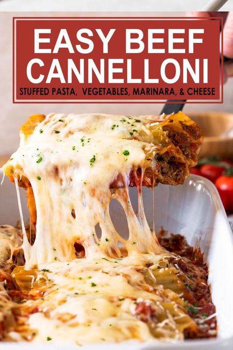 Beef cannelloni being scooped up with title overlay. Beef Cannelloni Recipes, Beef Cannelloni, Caneloni Recipe, Leftover Vegetables, Cannelloni Recipes, Cannoli Recipe, Stuffed Pasta, Pasta Noodle Recipe, Italian Beef