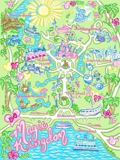 Magic Kingdom Map, Palm Beach Style, Lilly Inspired, Watercolor Map, State Map, Map Design, Magic Kingdom, Art Inspo, Map