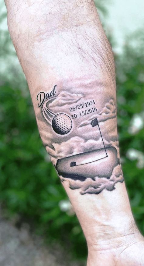 Golf Tattoo Design Images (Golf Ink Design Ideas) Golf Memorial Tattoo Ideas, Golfing Tattoo Memorial, Golf Tattoo Memorial, Golf Ball Tattoo Ideas, Disc Golf Tattoo Ideas, Golf Club Tattoo Ideas, Golf Ball Tattoo, Golf Club Tattoo, Golf Tattoo For Women