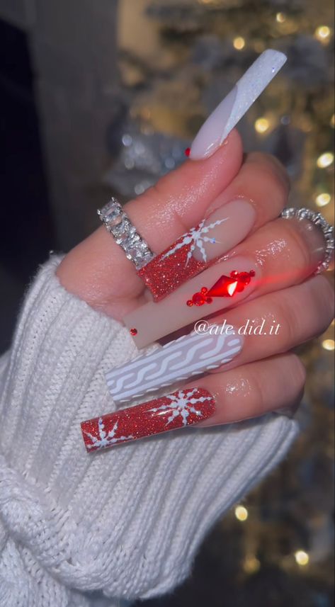 White And Red Nails Christmas, Red Christmas Acrylics, Long Christmas Acrylic Nails Red, Christmas Themed Nails Acrylic, Red Nails With Bling, Christmas Birthday Nails, Christmas Nails Coffin Shape, Christmas Nails Acrylic Long Bling, Extra Long Acrylic Nails Christmas