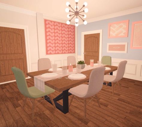 Blush Dining Room Bloxburg, Aesthetic Dining Room Bloxburg, Bloxberg Dining Room, Bloxburg Dinning Room Ideas Aesthetic, Bloxburg Dinging Room Ideas, 3x3 Dining Room Bloxburg, Bloxburg House Dining Room, Bloxburg Dining Table, Dining Room Bloxburg Ideas