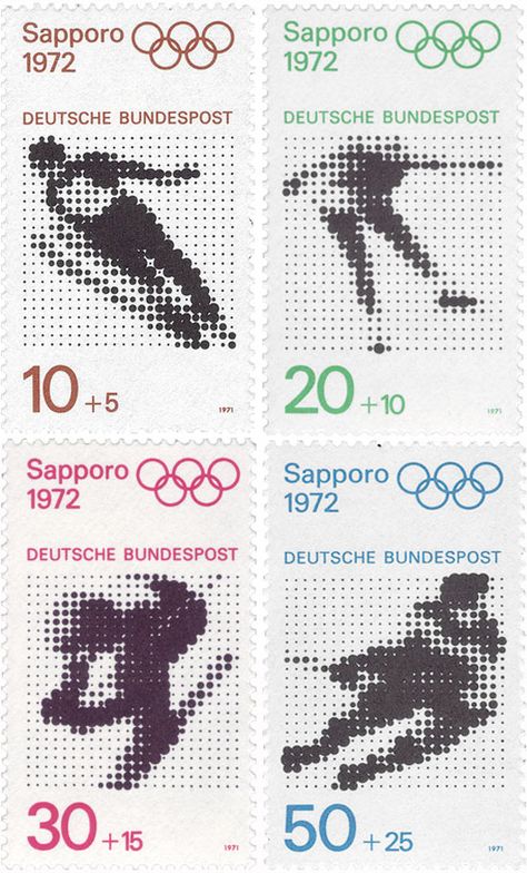 series for olympic games 1972, sapporo and munich  graphics by kohei sugiura, first day of issue june 4, 1971  image courtesy kohei sugiura Scan Graphic Design, Olympics Graphic Design, Pixel Poster Design, Bitmap Graphic Design, Pixel Design Graphic, Stamp Graphic Design, Halftone Graphic Design, Pixel Graphic Design, Kohei Sugiura