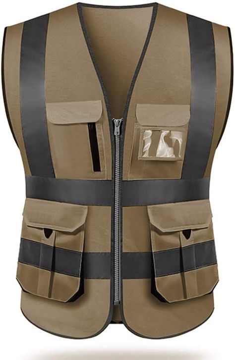 Safety Vest High visibility reflective safety vest work reflective vest multi pockets workwear safety waistcoat men safety vest (3XL, Brown) - - AmazonSmile The Shocker, Road Work, Waistcoat Men, Reflective Vest, Safety Vest, Work Gear, Character Profile, Id Holder, Work Wear