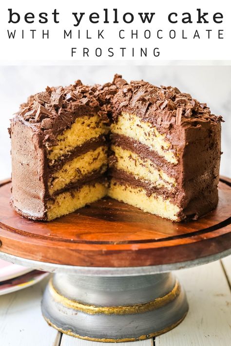 Super Moist Yellow Cake Recipe, Homemade Yellow Cake Recipe Moist, Golden Chocolate Cake, Yellow Cake With Chocolate Buttercream, Yellow Layer Cake With Chocolate Icing, Best Yellow Cake Recipe Moist, Yellow Cake With Chocolate Chips, Yellow Chocolate Cake, Yellow Cake With Pudding Mix Recipe