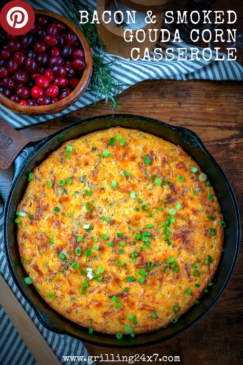 Bacon and Smoked Gouda Corn Casserole - Grilling 24x7 Corn Casserole With Bacon, Smoked Corn, Jiffy Mix Recipes, Casserole With Bacon, Bacon Casserole, Jiffy Corn Muffin Mix, Corn Casserole Recipe, Weeknight Dinner Ideas, Jiffy Cornbread