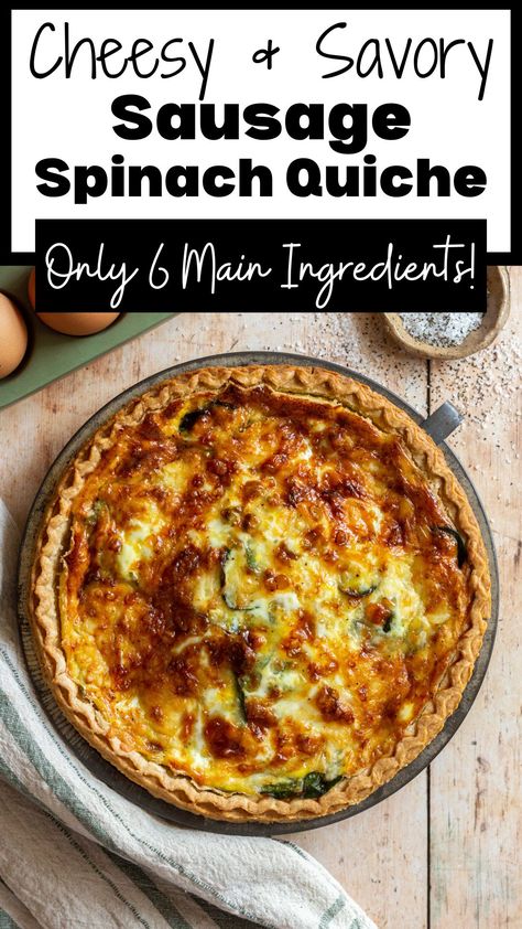 Sausage Spinach Quiche in a pie tin with a green striped napkin. Italian Sausage Quiche Recipes, Sausage Mushroom Spinach Quiche, Sausage Spinach Quiche Recipes, Quiche Casserole Recipes, Quiche Sausage Cheese, Special Occasion Recipes Dinner, Sausage Quiche Recipes Easy, Spinach Egg Quiche, Quiche Recipes Sausage