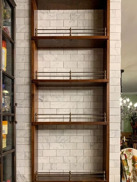 Shelves Under Range Hood, Corbel Spice Rack, Ladder Back Bar Stools, Spice Shelf Kitchen, Small Cottage Pantry, Hide Side Of Stove, Range Hood With Shelves On Side, Range Hood Storage, Kitchen Spice Shelf