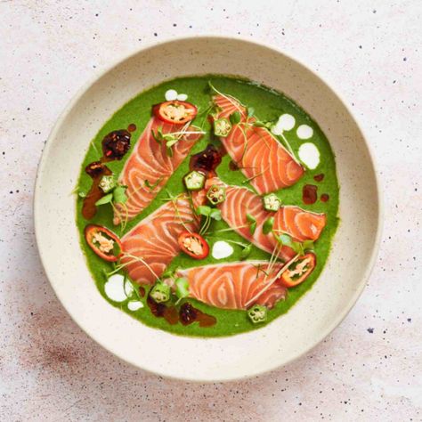 Salmon Crudo, Thai Salmon, Raw Seafood, Green Curry Sauce, Marion Grasby, Marion's Kitchen, Salmon Spinach, Raw Salmon, Green Curry Paste