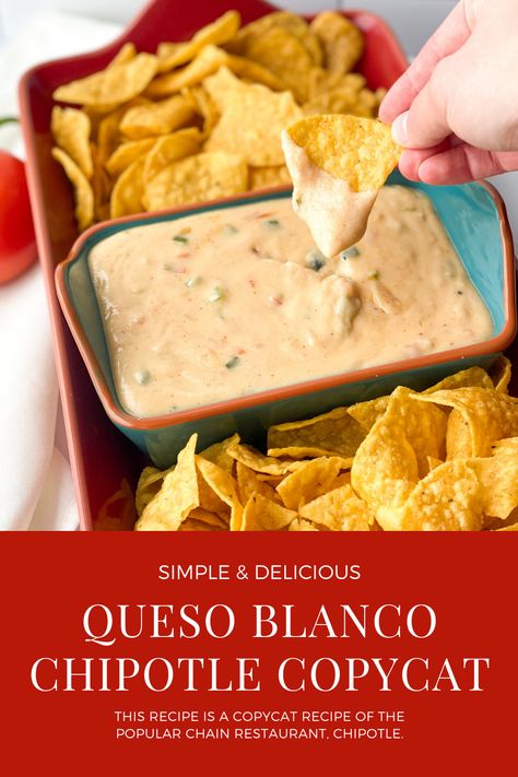 This Queso Blanco Chipotle Copycat recipe is one that truly hits the spot! It’s creamy and warm, with just the right amount of flavor. This recipe is a copycat recipe of the popular chain restaurant, Chipotle. It’s a white cheese dip that pairs very well with tacos, burritos, or even salads but is most popularly served with tortilla chips as a side dish. Copycat Chipotle Queso Blanco, Chipotle Queso Recipe, Chipotle Queso, Chipotle Copycat Recipes, Chipotle Copycat, White Cheese Dip, Dirty Fries, White Queso Dip, Chipotle Recipes