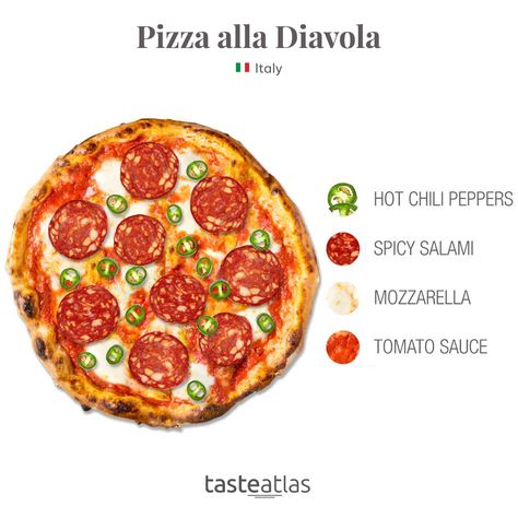 The name says it all - Pizza alla diavola, meaning "the devil's pizza", is quite spicy, thanks to the hot chili peppers. Food Anatomy, Taste Atlas, Pizza Menu Design, Pizza Names, Pizza Sandwich Recipe, Spicy Pizza, Camping Snacks, Recipe Drawing, Artisan Pizza