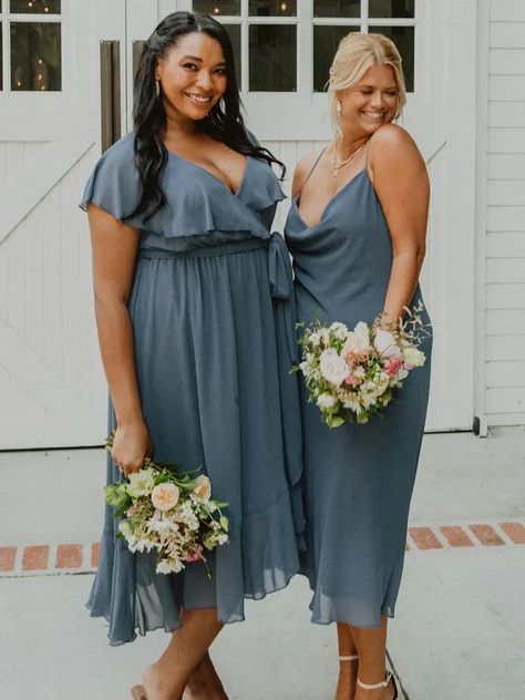 Show Me Your Mumu dusty blue bridesmaid dresses for winter weddings Winter Wedding Bridesmaid Dresses, Winter Wedding Bridesmaids, How Many Bridesmaids, Winter Bridesmaids, Winter Bridesmaid Dresses, Gorgeous Bridesmaid Dresses, Mock Wrap Dress, Bridal Party Gowns, February Wedding