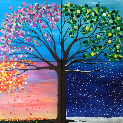 All Seasons Painting, Four Seasons Acrylic Painting, Painting Four Seasons, Acrylic Painting Seasons, Spring Summer Fall Winter Painting, Summer Winter Autumn Spring Four Seasons, Winter Spring Summer Fall Art, Seasons Painting Ideas, Spring Summer Autumn Winter Art