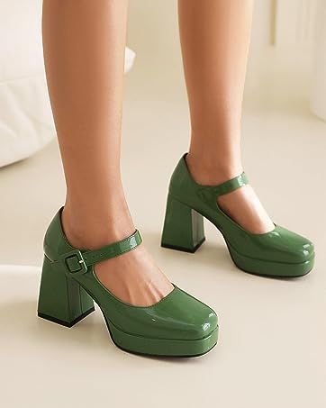 Women's Platform Chunky Block Mary Jane Heels Square Toe Dress Pumps Shoes Chunky Green Heels, Formal Platform Shoes, Chunky Heel Outfit, Green Mary Jane Shoes, Green Mary Janes, Chunky Mary Jane Shoes, Mary Jane Platforms, Mary Shoes, Dr Aesthetic