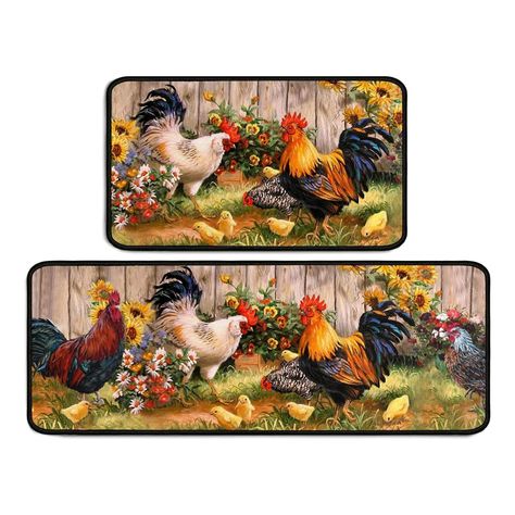 PRICES MAY VARY. 🌻Roosters Decor: Rooster Theme kitchen to make your Home kitchen more eye-catching and comfortable. also makes your kitchen full of life, and it is also a perfect gift for Rooster lovers. 🌻Perfect Size : kitchen carpet mat set contains 2 mats (17x47 inches and 17x23 inches). It provides a large activity area in the kitchen, bathroom, laundry room, office, and sink. 🌻Comfortable Mat: Rooster rug absorbent kitchen mat uses high-quality non-slip rubber dot backing and friction s Sunflower Decor Kitchen, Rooster Rugs, Farmhouse Kitchen Rugs, Christmas Kitchen Rugs, Rooster Kitchen Decor, Chicken Kitchen, Rooster Kitchen, Farmhouse Decor Kitchen, Sunflower Kitchen