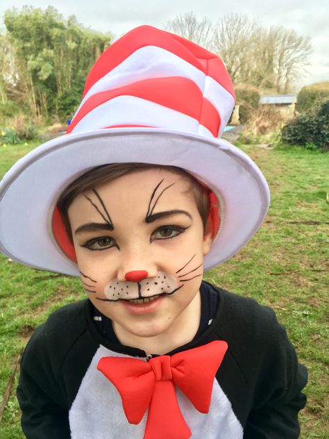 World book day 2018 Cat in the Hat Dr Seuss Costume Face paint Makeup Cat In The Hat Makeup For Kids, Dr Seuss Makeup Ideas, Dr Suess Face Paint, Cat In The Hat Face Makeup, Cat And The Hat Face Paint, Dr Seuss Face Paint, Cat In Hat Makeup, Dr Seuss Makeup, Cat In The Hat Face Paint