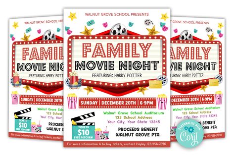 School Movie Night Flyer, Movie Night School Event, Cinema Party Invitations, School Movie Night, Pto Events, Movie Night Flyer, Family Math Night, Poster Cinema, Family Literacy Night