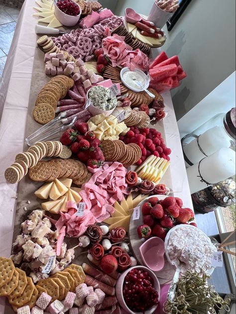 Pink Birthday Food Table, Pink Food Table Display, Pink Graze Board, Bachelorette Food Table, Pink Themed Charcuterie Board, Pink Food Platter, Pink Board Night, Coquette Charcuterie Board, Pink Themed Food Board