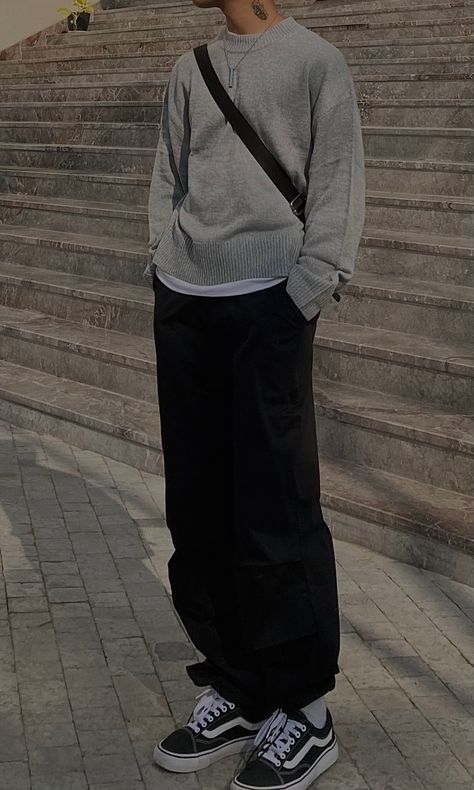 random fit i put together grey knit pullover black prachute pants vans old skool #fyp #ootd #aesthetic #fashion Vans Outfit Men Winter, Old Skool Vans Outfit Aesthetic, Vans Old Skool Aesthetic, Vans Outfits Men, Grey Sweater Outfit Mens, Grey Streetwear Outfit, Vans Aesthetic Outfit, Grey Knit Sweater Outfit, Black Trousers Outfit Man