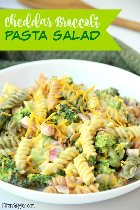 Cheddar Broccoli Pasta Salad - Broccoli, red onion, shredded cheese and rotini pasta tossed in a sweet, creamy dressing! Everyone always asks for seconds! Broccoli Cheddar Pasta Salad, Cheddar Broccoli Pasta, Cheddar Pasta Salad, Broccoli Cheddar Pasta, Cheddar Pasta, Broccoli Pasta Salad, Salad Broccoli, Broccoli Pasta Salads, Strawberry Pretzel Dessert