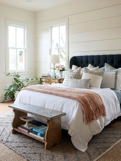 Shiplap has become a hugely popular wall paneling idea that adds interest and character to any room. Although it's most closely associated with farmhouse style, shiplap walls aren't limited to rustic designs. #accentwallideas #wallpanelingideas #accentwall #bhg Blue And Pink Bedroom, Modern Bedroom Colors, Scandi Japandi, White Wall Bedroom, Country Style Interiors, Timeless Interior, Farmhouse Decorating, Decor Hacks, Remodel Bathroom