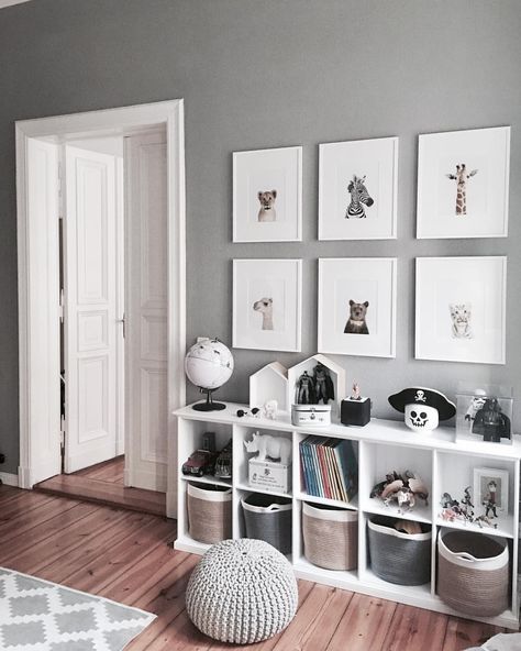 Grey and white bedroom decor playroom. Cube bookshelves for heaps of storage for toys anf kids books. Love the baskets. Framed prints. Boys bedroom idea. Statement Chandelier, Reading Corners, Vibrant Personality, White Bedroom Decor, Cube Bookcase, Dekorasi Kamar Tidur, Decor Elements, Toddler Bedrooms, Trendy Bedroom