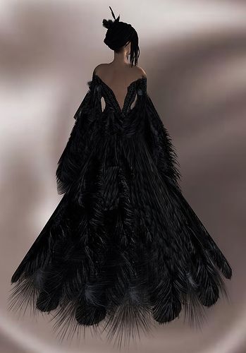 feather dress Feather Fantasy Dress, Black Swan Ball Gown, Feather Dress Aesthetic, Black Swan Gown, Crow Inspired Dress, Black Feather Gown, Black Feathered Dress, Black Swan Dress Gowns, Feather Cloak