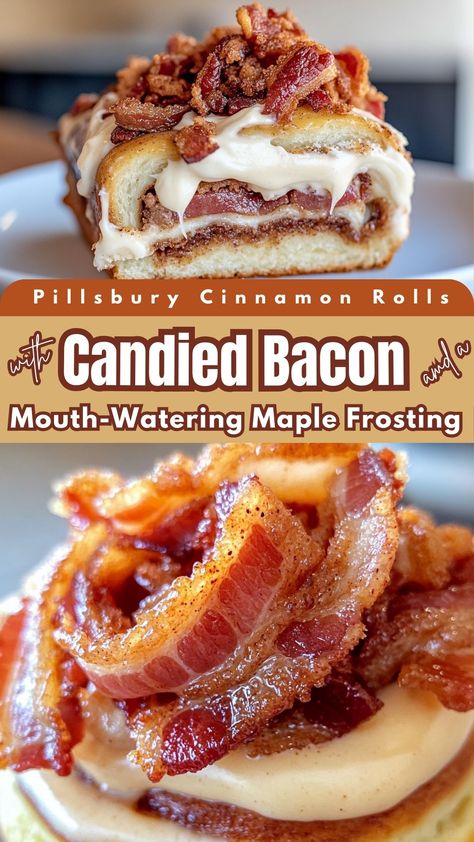 Pillsbury Cinnamon Rolls with Candied Bacon and a Mouth-Watering Maple Frosting Cinnamon Rolls And Bacon, Bacon Cinnamon Rolls Pillsbury, Maple Bacon Dessert Recipes, Bacon Wrapped Cinnamon Rolls, Bacon Dessert Recipes, Maple Candied Bacon, Maple Bacon Cinnamon Rolls, Creme Brulee Cheesecake Bars, Bacon Cinnamon Rolls