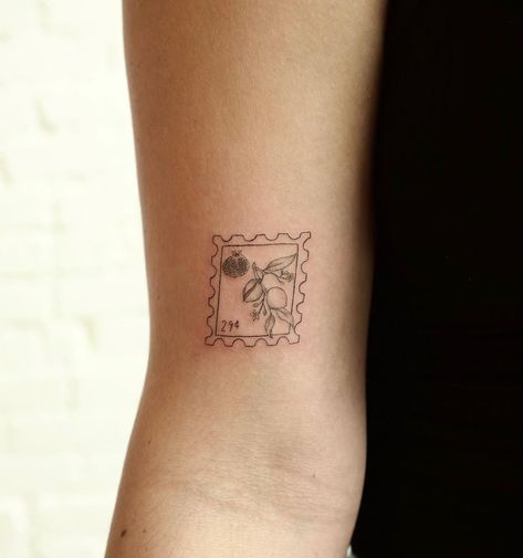 Arm Stamp Tattoo, Pecan Pie Tattoo, Dainty Stamp Tattoo, Arm Dainty Tattoo, Tiny Stamp Tattoo, Tiny Apple Tattoo, Peach Stamp Tattoo, Feminine Upper Arm Tattoo, Italian Stamp Tattoo